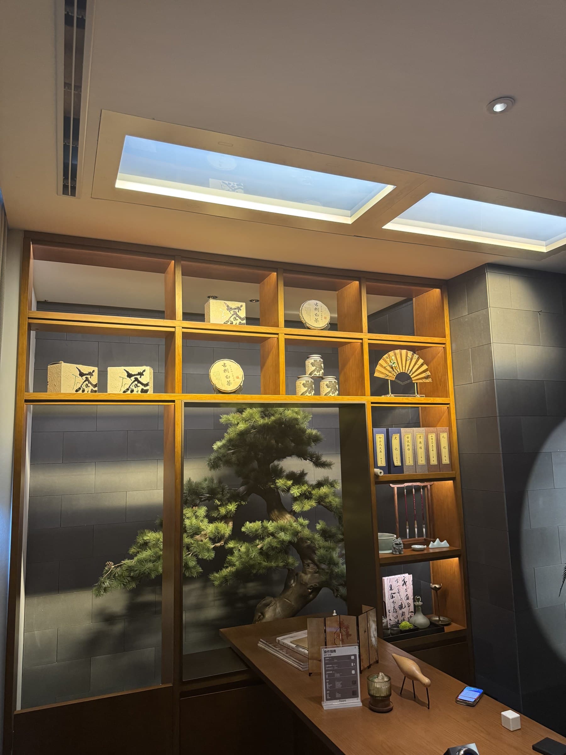 A stylish interior with a large wooden display shelf filled with decorative objects like tea boxes, books, and a fan. A large artificial tree is visible behind glass in the middle of the shelving unit. Overhead, rectangular skylights and small spotlights illuminate the scene. In the foreground, a wooden desk holds a small sign and other decorative items.